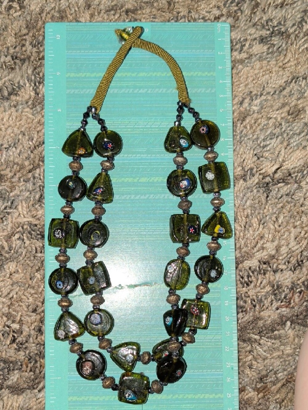 1950's Dual Strand Murano Venetian Olive Green Glass Millefiori Bead Necklace - Picture 11 of 16
